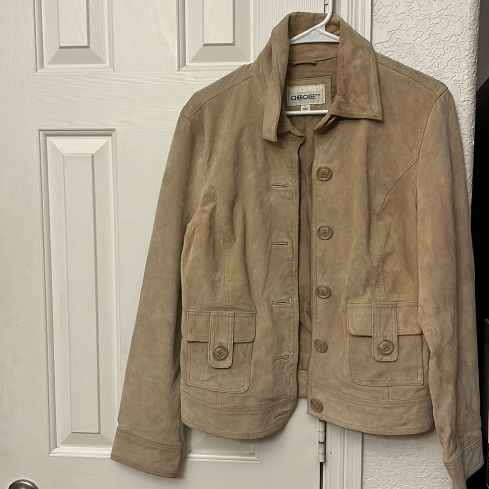 😍 Vintage Cherokee Suede Leather jacket L *see pics creamy beige or light tan